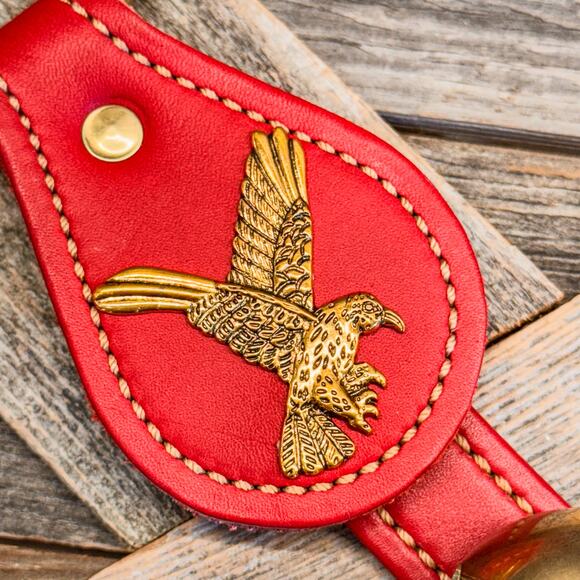 Belsnickel Eagle Charm Red Leather 3 Brass Bell Strap Door Hanger, 14.5”H - Picture 6 of 8
